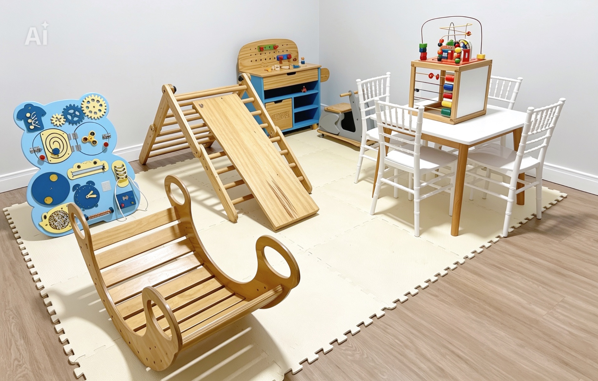 Brinquedos de madeira Montessori em espaço kids da Salada Mista