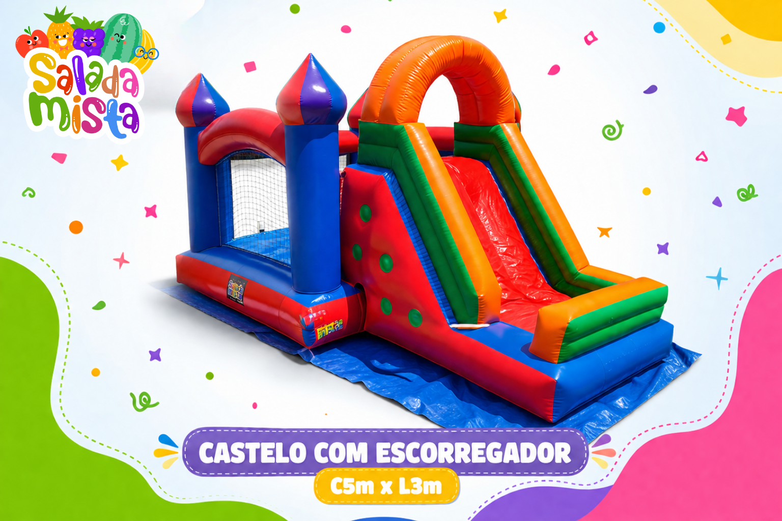 Castelo inflável com escorregador 5m x 3m para locação em festas infantis em Joinville