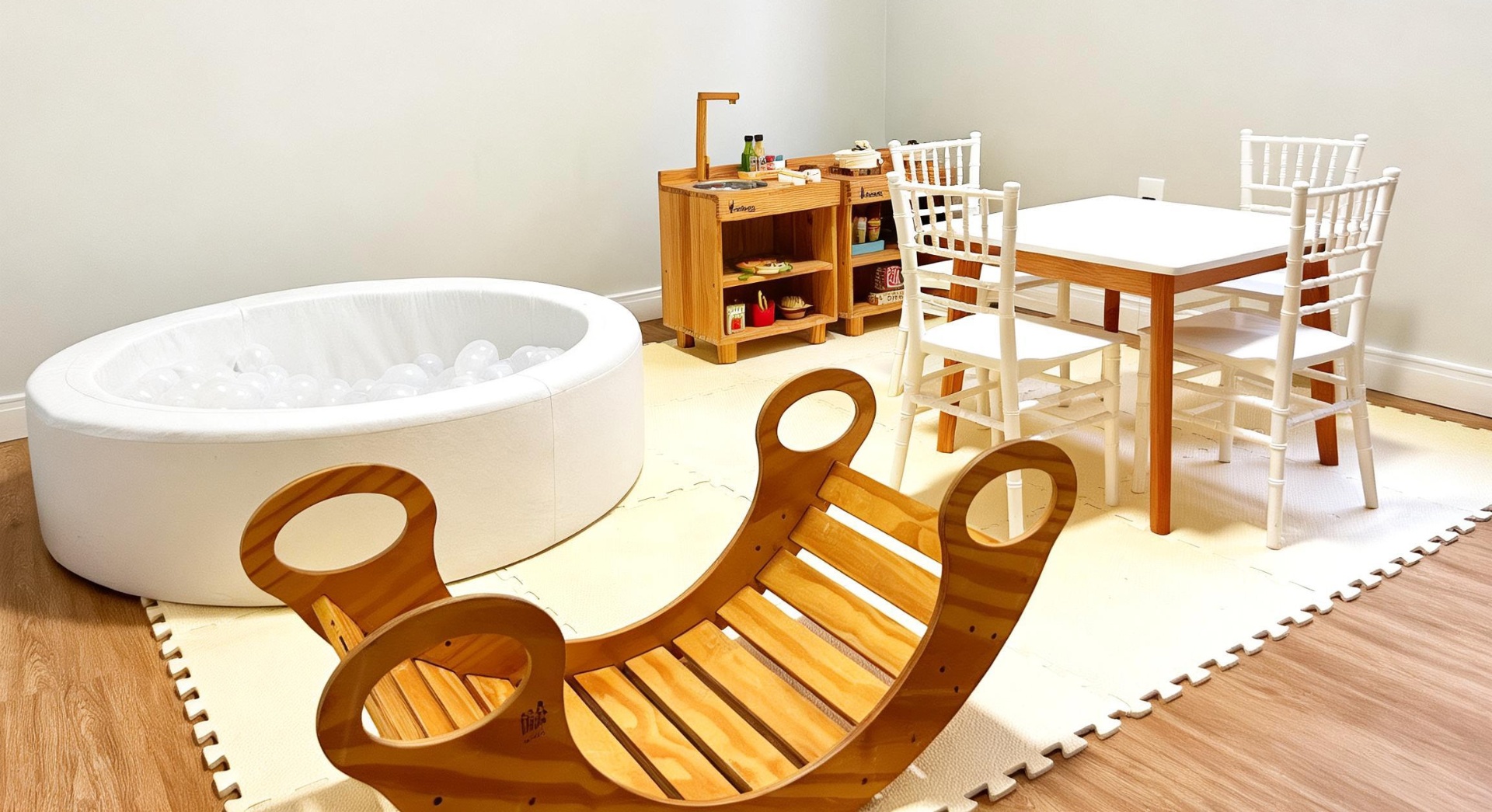 Espaço kids com piscina de bolinhas branca e mesa de festa infantil