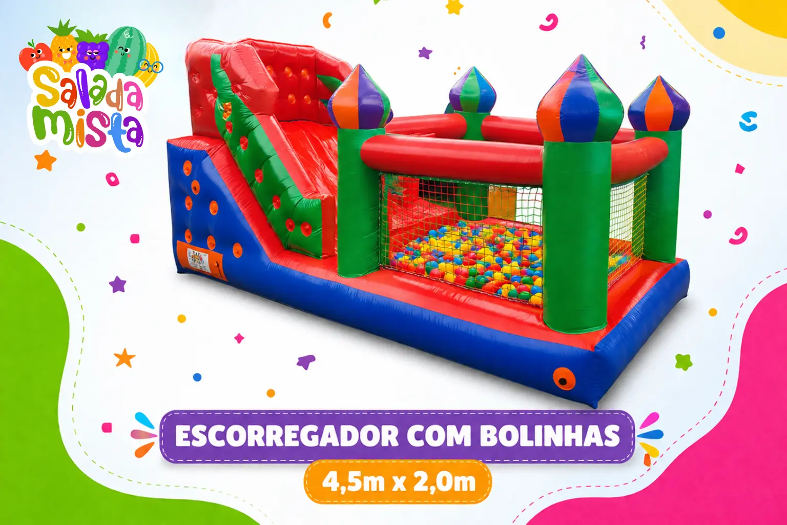 Escorregador inflável com piscina de bolinhas para festas em Joinville e região
